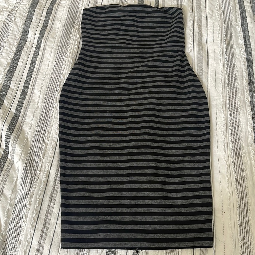 Strapless black and gray striped dress